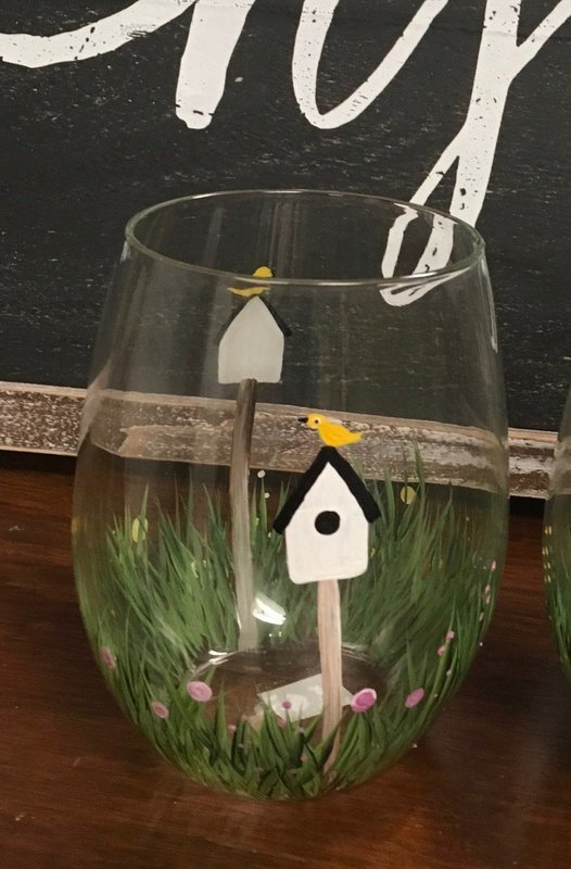 Birdhouse Stemless Wine Glass. 5" tall, 21 oz.  Hand Painted