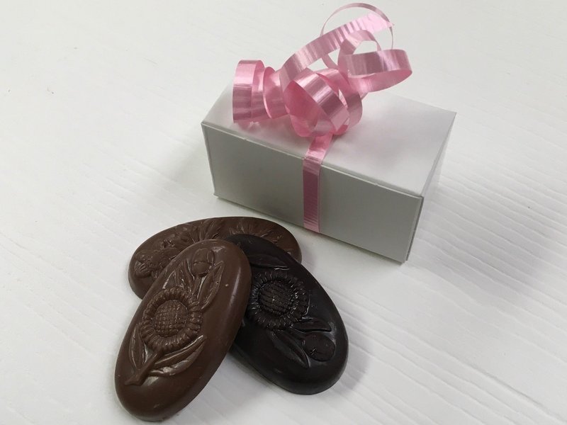 3 Piece Favor with Flower Chocolates Milk and Dark Mixed w/Choice of Ribbon Color