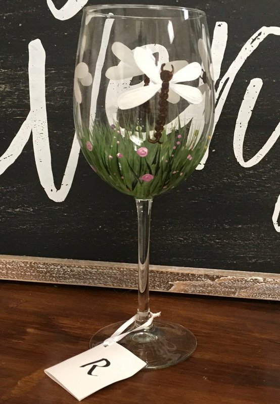 Dragonfly Wine Glass. 9" tall, 19 oz. Hand Painted