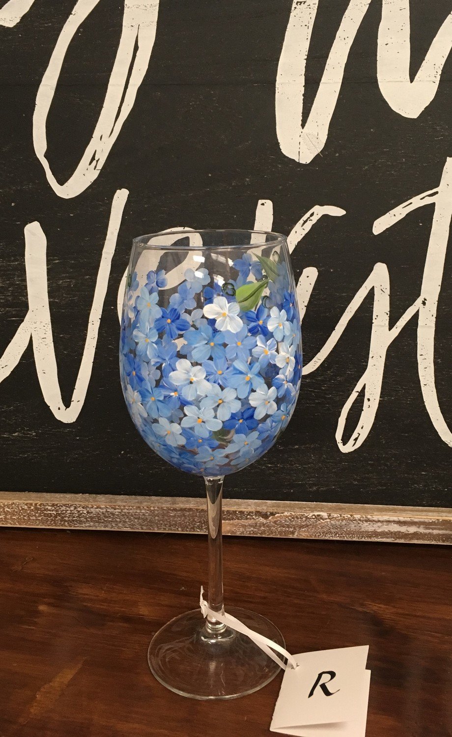 Blue Hydrangea Wine Glass.  9" tall, 19 oz. Hand Painted