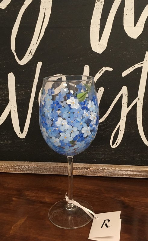 Blue Hydrangea Wine Glass.  9" tall, 19 oz. Hand Painted
