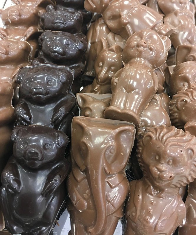 Homemade Carella's Chocolates Circus Animals.   3" x 1 1/4" approx. Peanut and Gluten Free. 21 to a Lb.