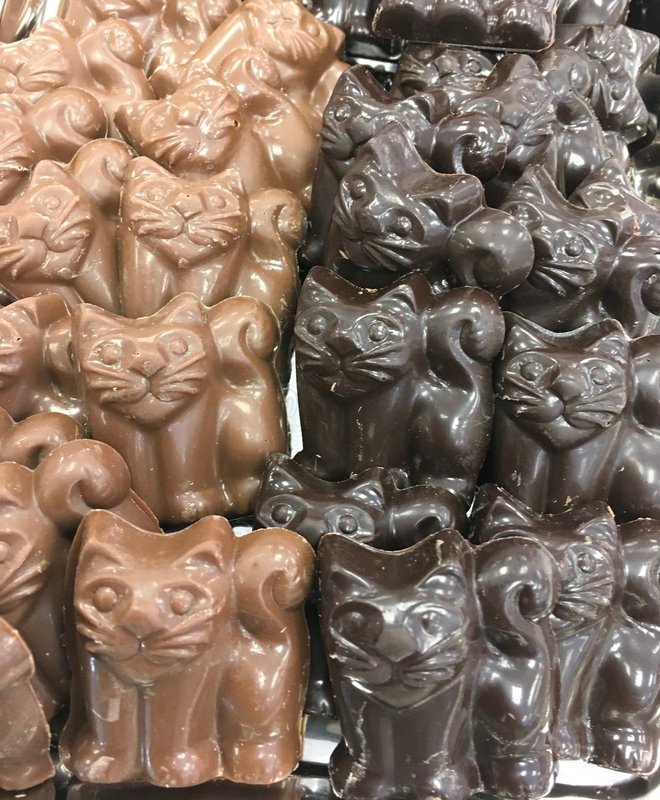 Solid Chocolate Kittens. 2" x 1 1/2 "  Peanut and Gluten Free.  24 to a Lb.