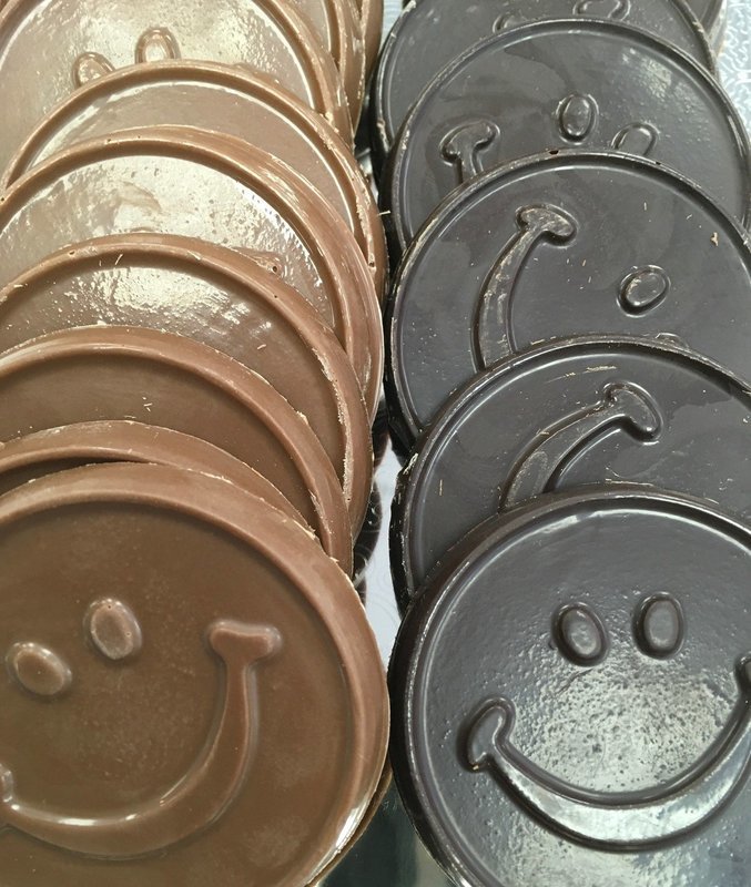 Solid Chocolate Smiley Faces. 2 1/4" approx.  Peanut and Gluten Free