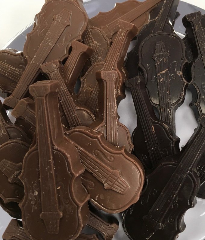 Solid Chocolate Violins.  3" x 1" Peanut and Gluten Free.  32 to a Lb.