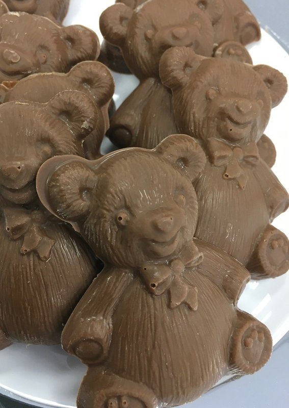 Solid Chocolate Teddy Bears.  Milk Chocolate Only.  3" x 2" approx.  Peanut and Gluten Free.  20 to a Lb.