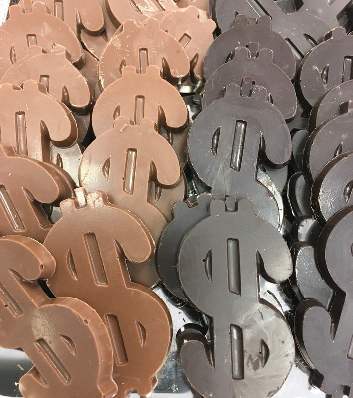 Solid Chocolate Dollar Signs. 3" x 1 1/2".  Peanut and Gluten Free.  32 to a Lb. Boxed or individually wrapped for an extra charge.