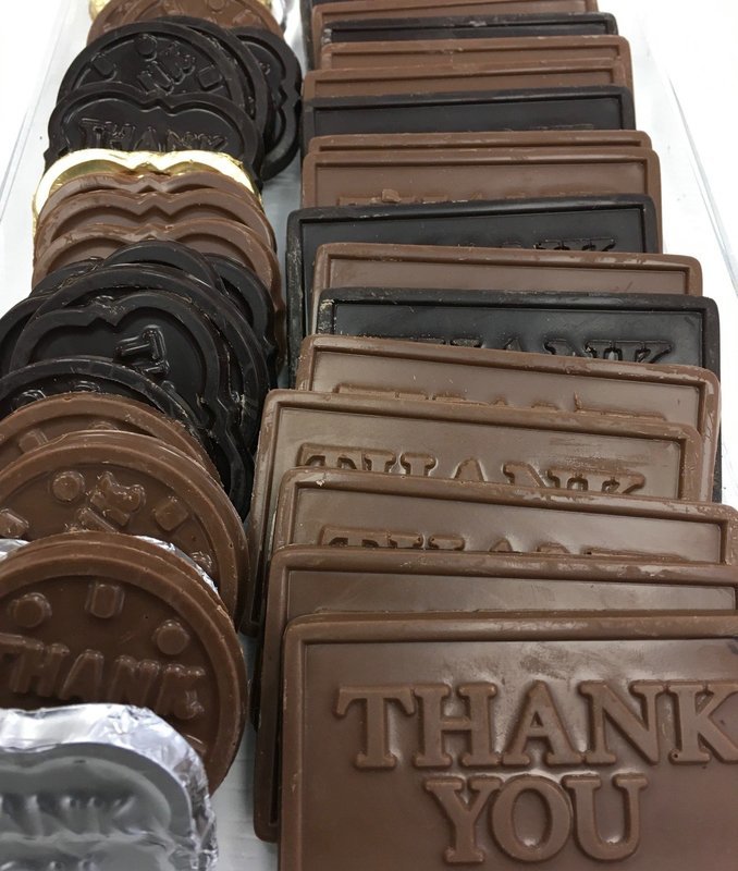 Assortment of Thank you Solid Chocolates. Peanut and Gluten Free.  Approx. 15 Assorted Thank you's