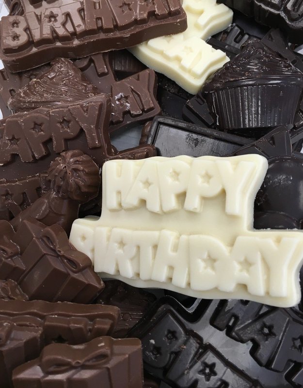 Assortment of Happy Birthday, Hats, Balloons, in Milk and Dark Chocolate.  Peanut and Gluten Free.  20 to a Pound.