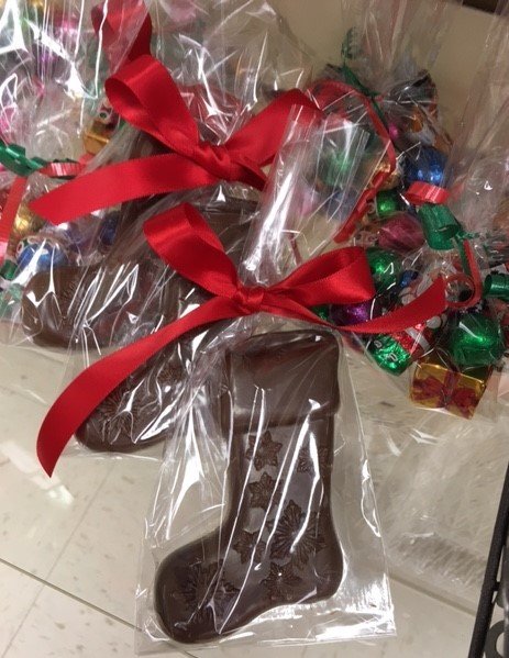 F - 3 Milk Chocolate Holiday Stockings.  Peanut and Gluten Free.
