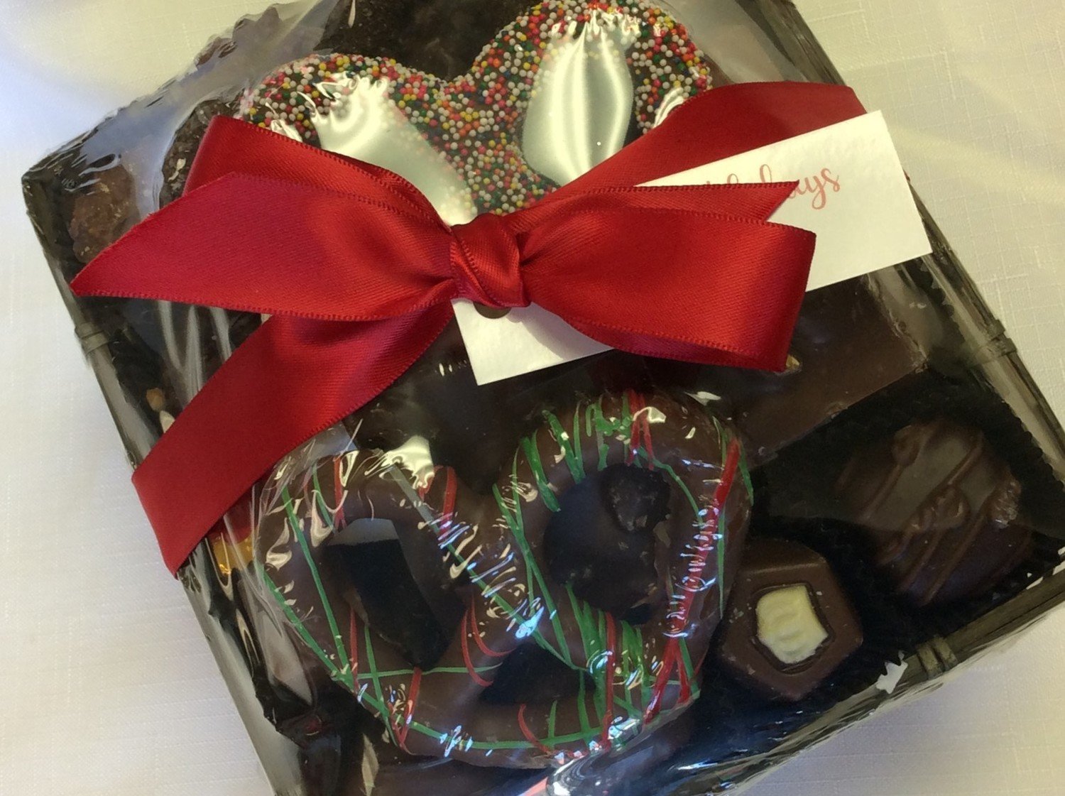 F - Combination Chocolates, Pretzels; Packaged and Bowed.  Great Gift!