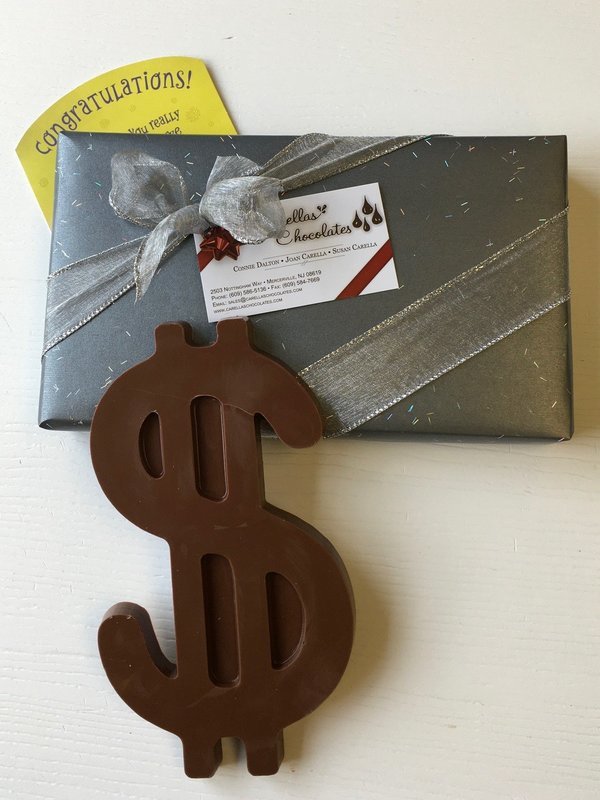 F - Boxed and Wrapped 1/2 Pound Chocolate Dollar Sign.  Peanut and Gluten Free.  Approx. 6"x4".
