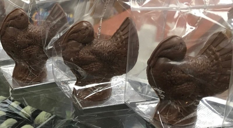 F - Four Chocolate Turkeys. (approx. 4"x4")