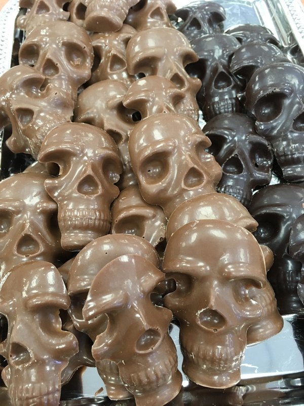 Halloween Chocolates Skulls 16 to a Pound.  Peanut and Gluten Free