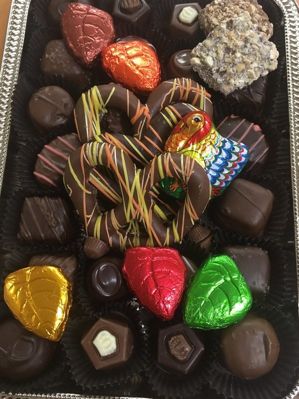 Fall/Thanksgiving Tray Assorted Chocolates &amp; Pretzels with foiled Milk Chocolate Leaves.