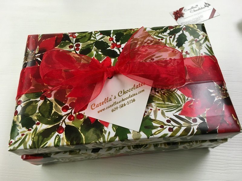 2 Tiered Holiday Chocolate Assortment wrapped and bowed.  1.1Lb. Assorted Chocolates Mk &amp; Dk, 1.1Lb Assorted Truffles Mk &amp; Dk