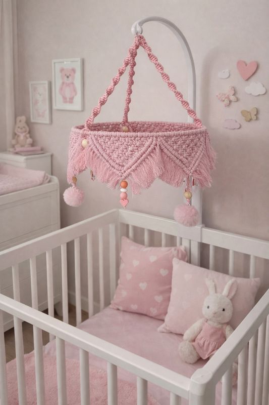Mobile macramé douceur en rose