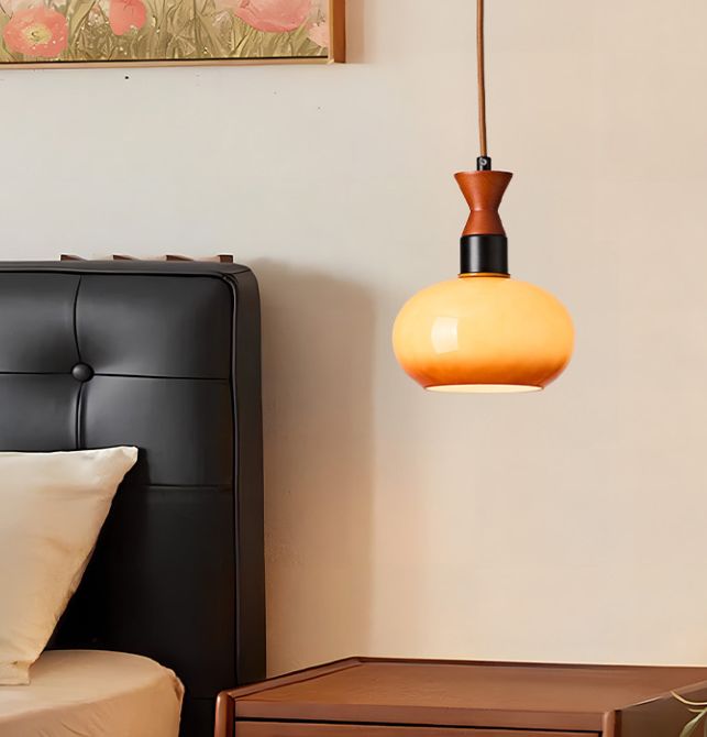 Lustre Bauhaus en verre et bois massif