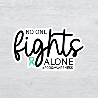 “No One Fights Alone” PCOS awareness sticker with teal ribbon on white background