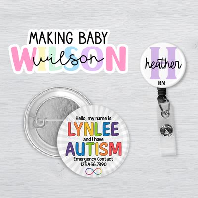Personalized custom name products with autism button, nurse badge reel, and family name sticker.