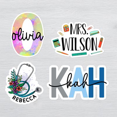 Custom name stickers with teacher, nurse, and colorful personalized monogram designs.