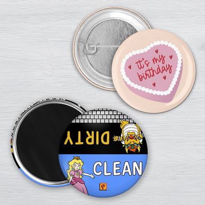 Funny custom buttons and novelty magnets with birthday and gaming humor designs on white background.