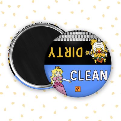 Funny gaming themed “Dirty Clean” custom magnet featuring retro video game characters on gray confetti background.