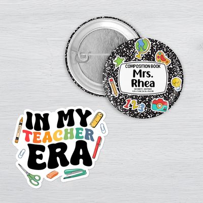 Teacher appreciation sticker and personalized teacher button with classroom themed accessories.