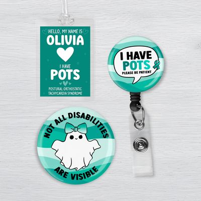 POTS syndrome awareness products with medical ID card, badge reel, and invisible illness button.