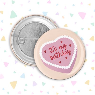 Cute birthday pinback button with pastel heart cake design and “It’s My Birthday” text on confetti background.