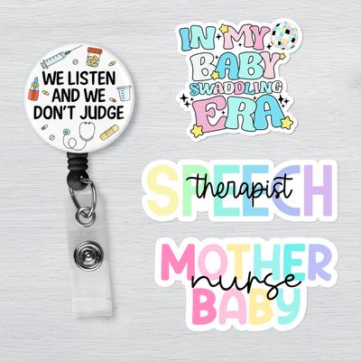Nurse, therapist, and speech therapy stickers with healthcare badge reel accessories.