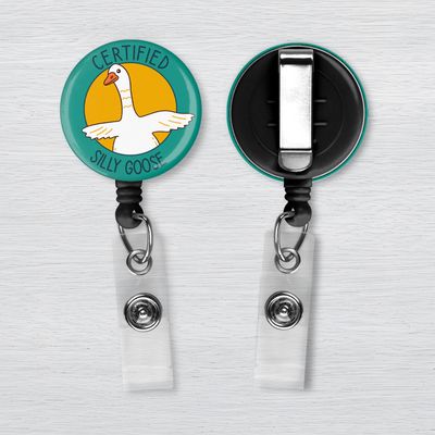 Certified Silly Goose Badge Reel | Funny Goose ID Holder for Nurses & Teachers Funny Certified Silly Goose retractable badge reel with cute white goose illustration on teal background and alligator clip