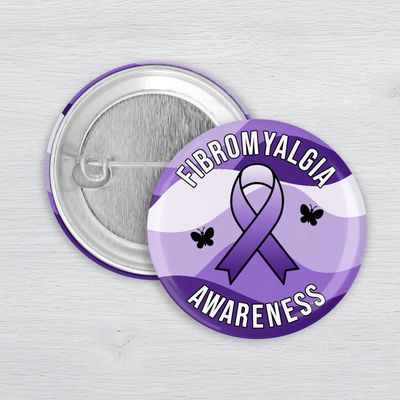 Fibromyalgia Awareness Pinback Button | Purple Chronic Illness Awareness Ribbon Pin Purple Fibromyalgia Awareness pinback button with ribbon and butterfly accents