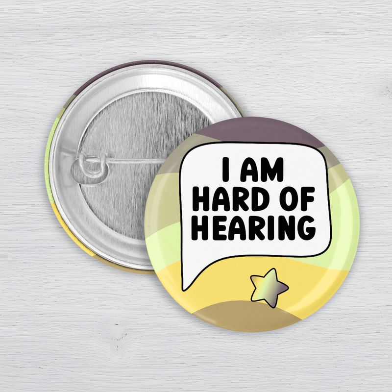 I Am Hard of Hearing Pinback Button | Hearing Loss Awareness Accessibility Pin I Am Hard of Hearing accessibility pinback button with pastel striped background