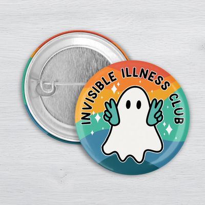 Invisible Illness Club Ghost Pinback Button | Chronic Illness Awareness Button Invisible Illness Club ghost pinback button with colorful retro striped background