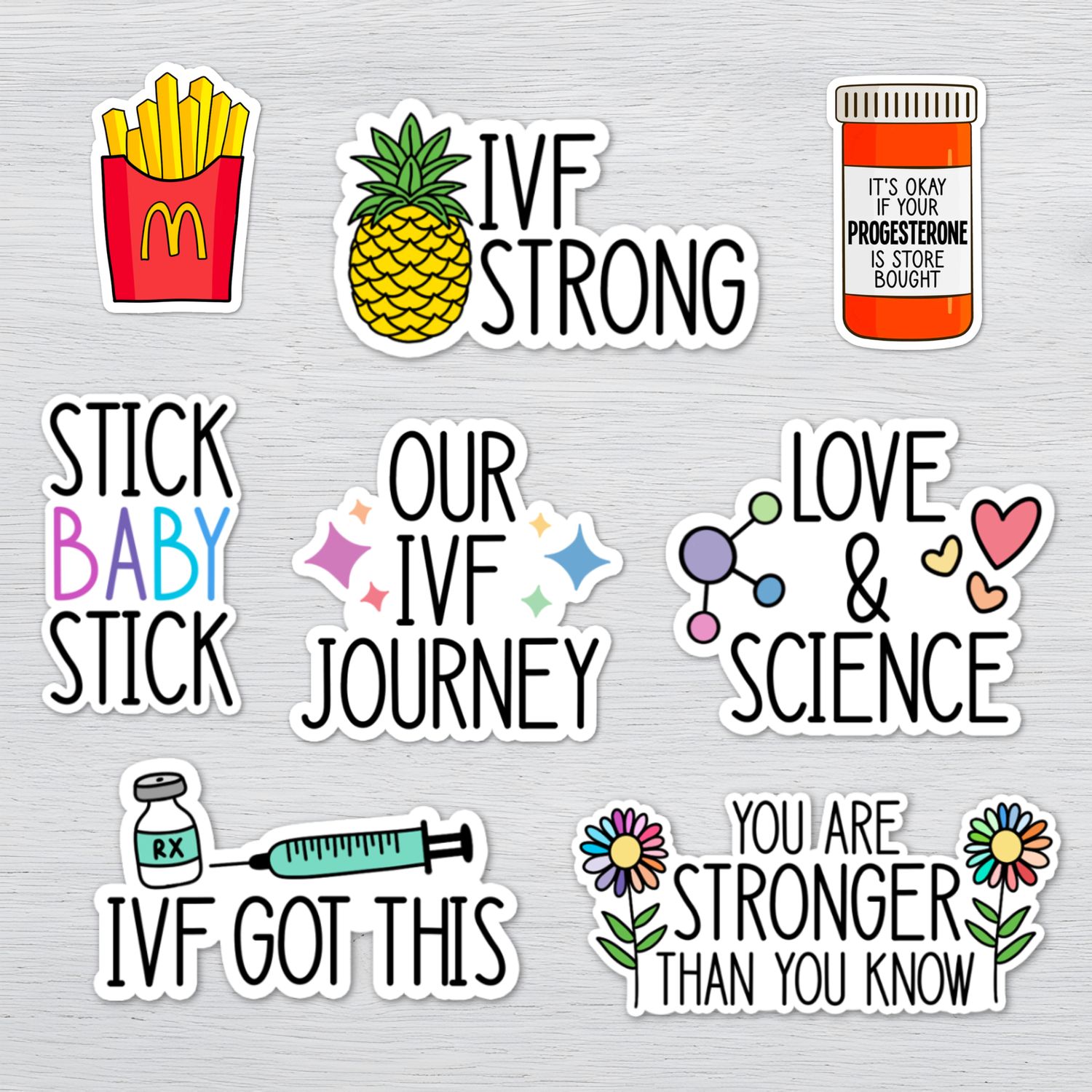 IVF Sticker Pack | Fertility Journey Stickers | IVF Warrior Waterproof Vinyl Decals IVF waterproof vinyl sticker pack with fertility journey quotes, pineapples, injections, and motivational designs.