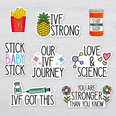 IVF waterproof vinyl sticker pack with fertility journey quotes, pineapples, injections, and motivational designs.