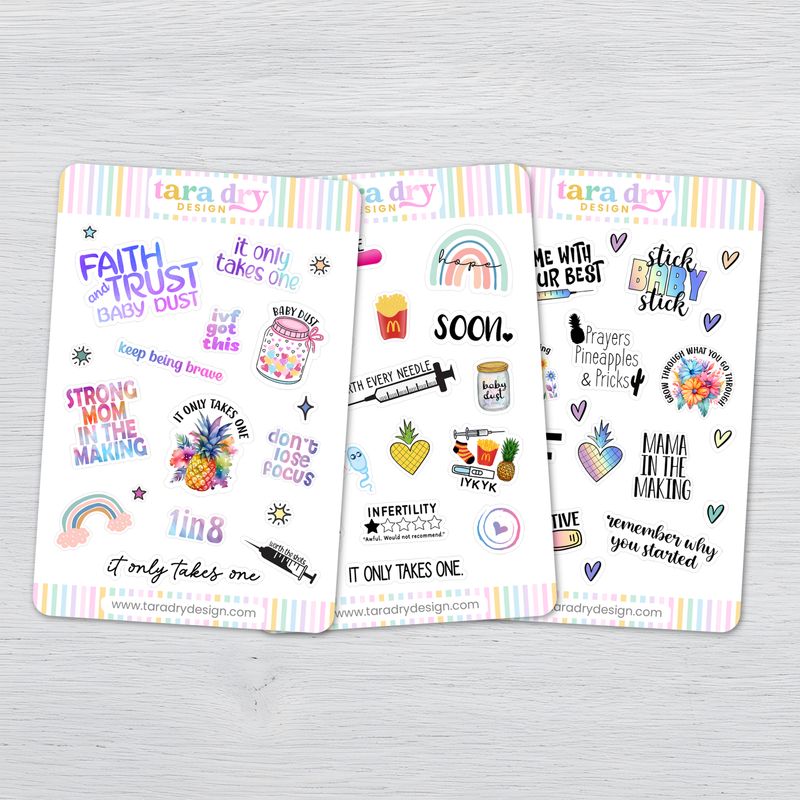 IVF Planner Sticker Sheets | Fertility Planner Stickers | IVF Journal Stickers | TTC Stickers Colorful IVF planner sticker sheets featuring fertility journey graphics, pineapples, injections, and motivational quotes.