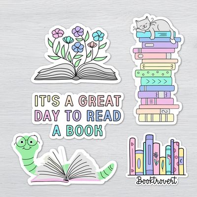 Book Lover Sticker 5 Pack | Reading Stickers | Booktrovert Vinyl Decals | Cute Reader Stickers Cute pastel book lover waterproof vinyl stickers featuring books, flowers, reading quotes, and booktrovert designs.