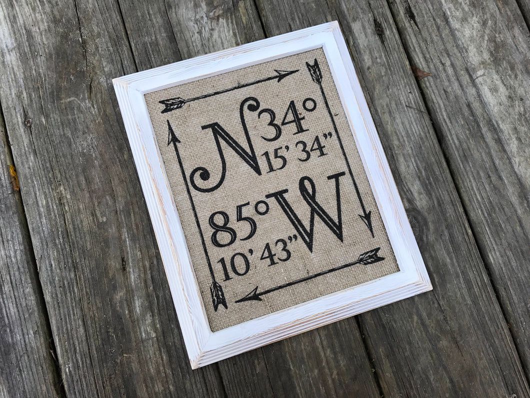 Coordinates Burlap Sign