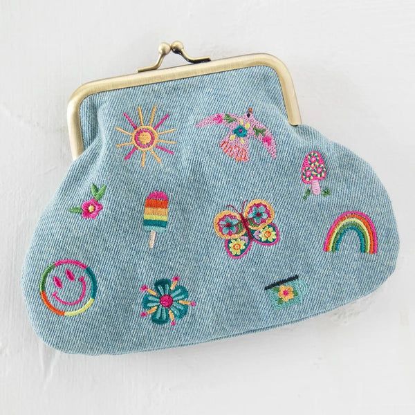 Denim Embroidered Kisslock Coin Purse