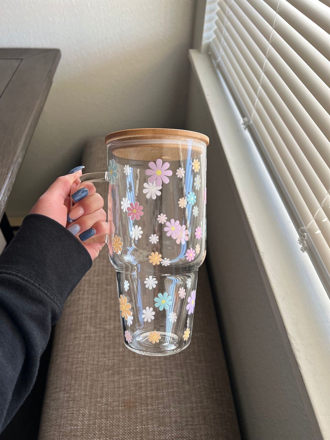 Floral Glass Cup With Straw