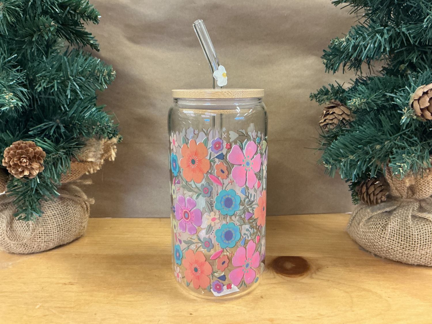 Floral Glass Cup With Straw