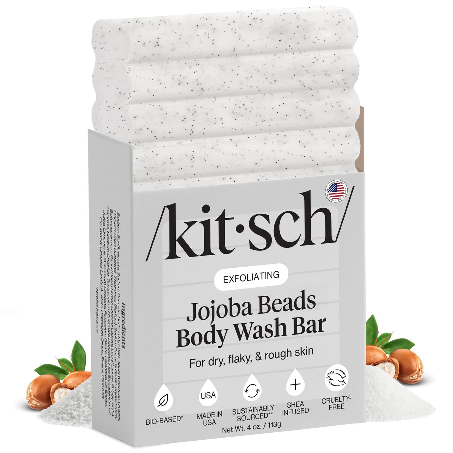 Kitsch Jojoba Beads Exfoliating Body Wash Bar – Nourishing Bar Soap with Shea Butter &amp; Aloe for Dry, Flaky Skin – Soap Bar &amp; Body Scrub for Smooth, Refreshed Skin – Rosemary &amp; Cedarwood Scent