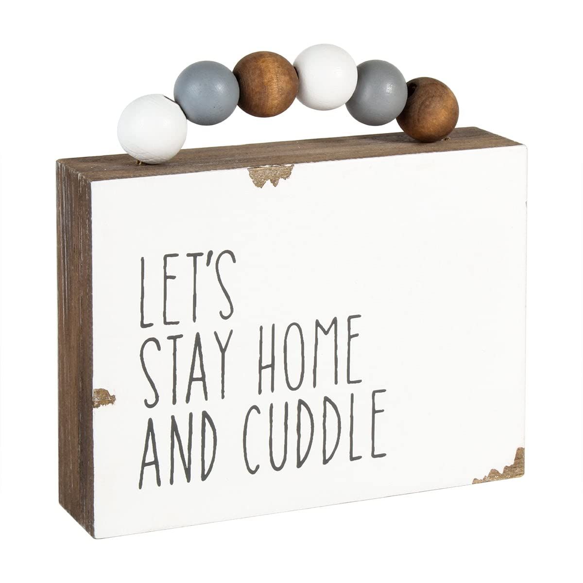 Collins Painting Weathered Beaded Wood Box Sign (Let ' S Stay Home and Cuddle), Grey, White, 4 ' L x 3 ' H x 1 ' D!e