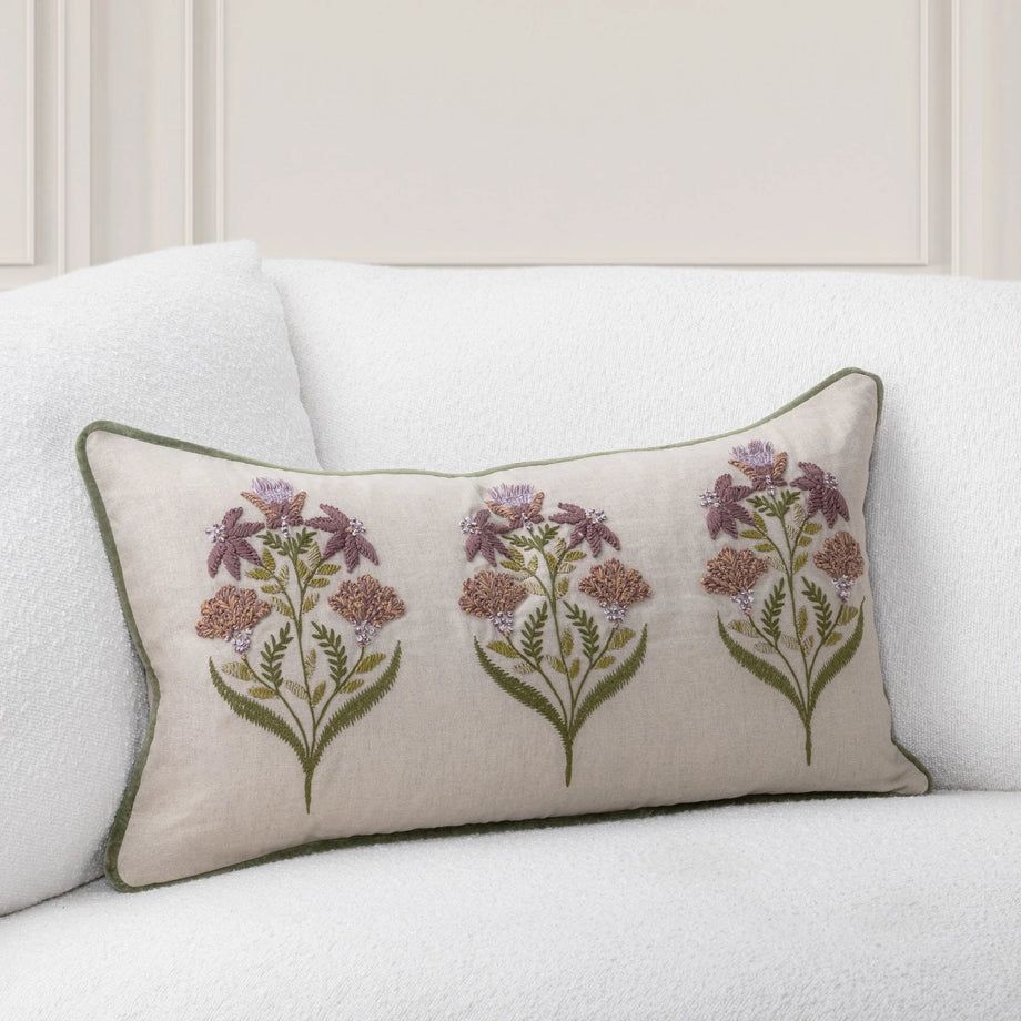 Embroidered Floral Lumbar Pillow