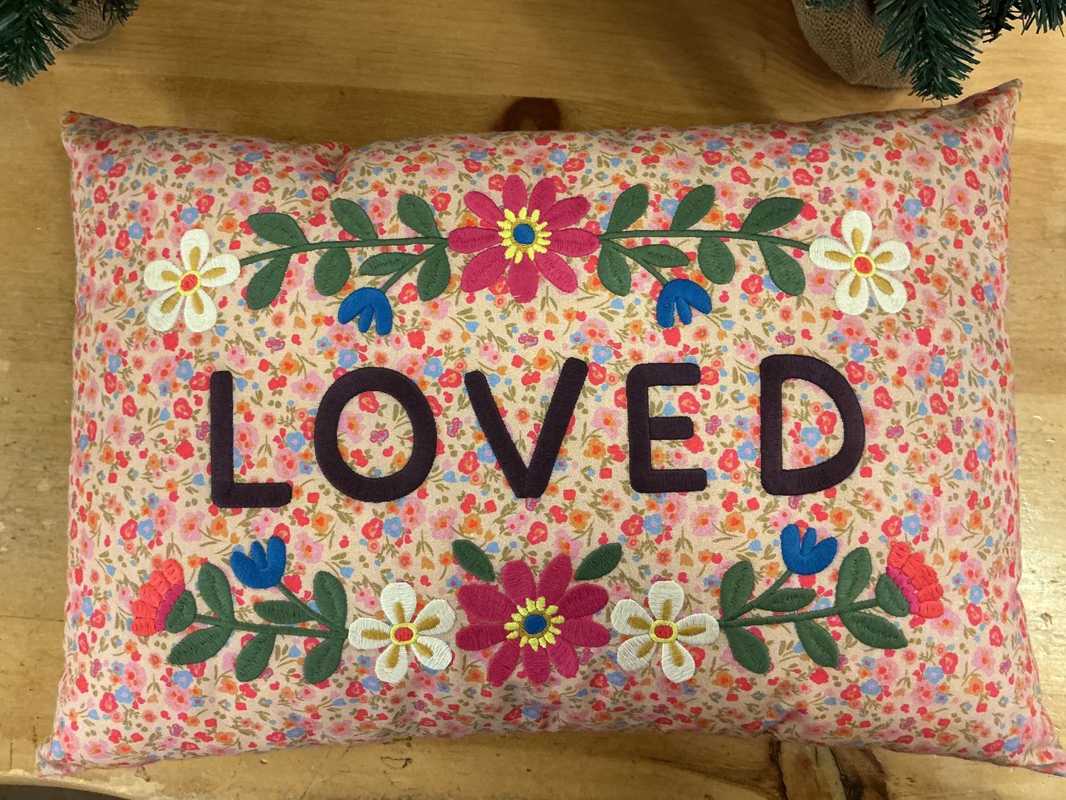 Embroidered Floral Loved - Lumbar Pillow