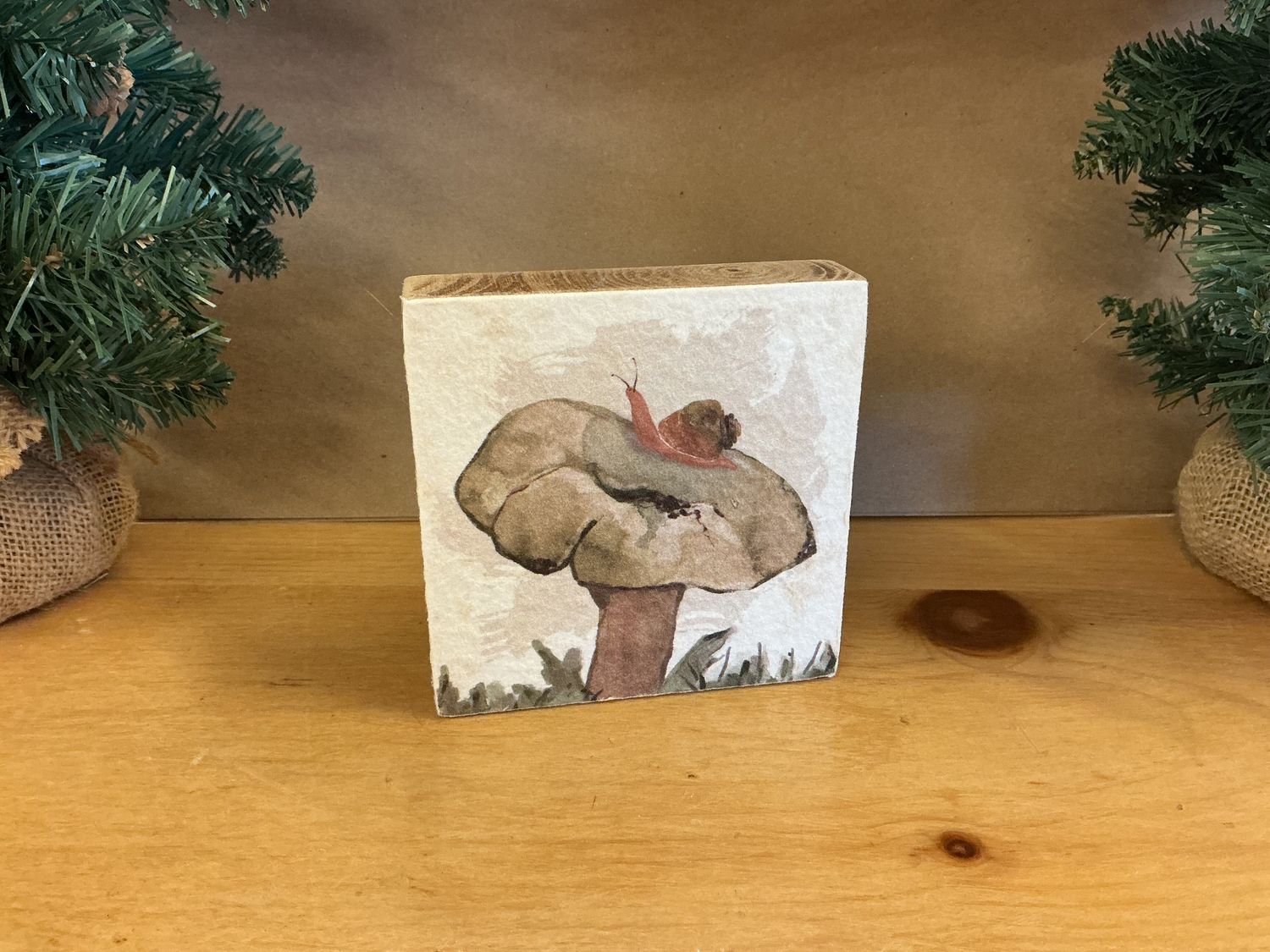 Green Mushroom Snail - Wooden Block Sign
