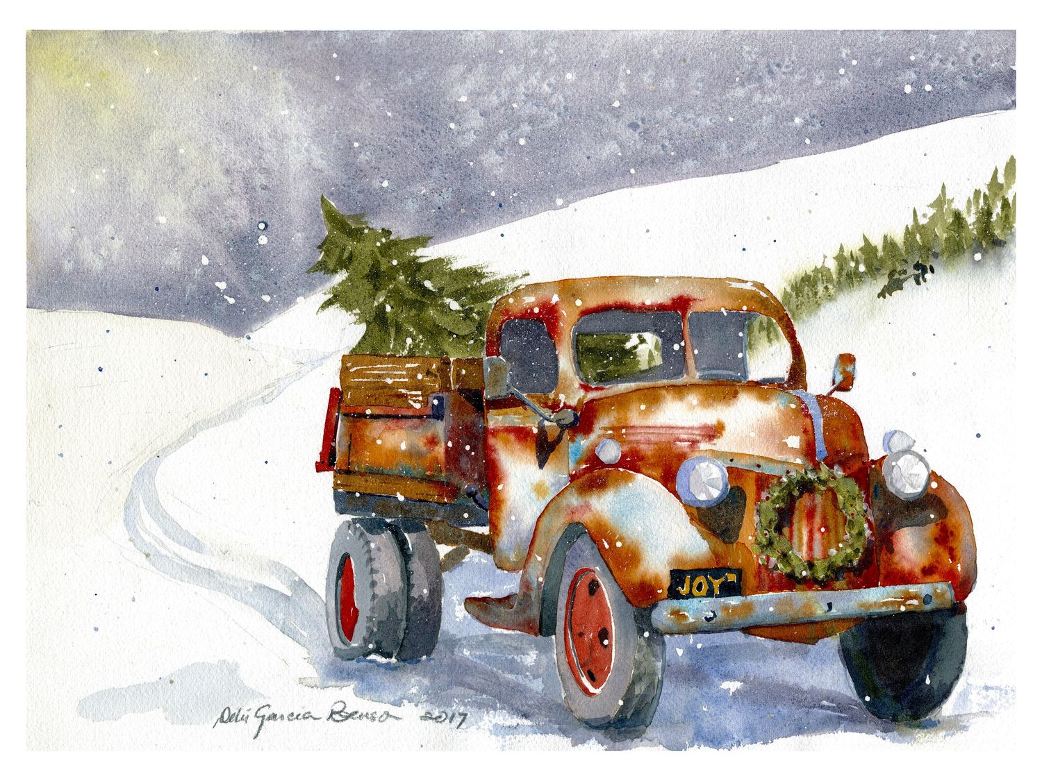 Holiday Themed Watercolor Artwor(Peace &amp; Joy &amp; Christmas Truck)