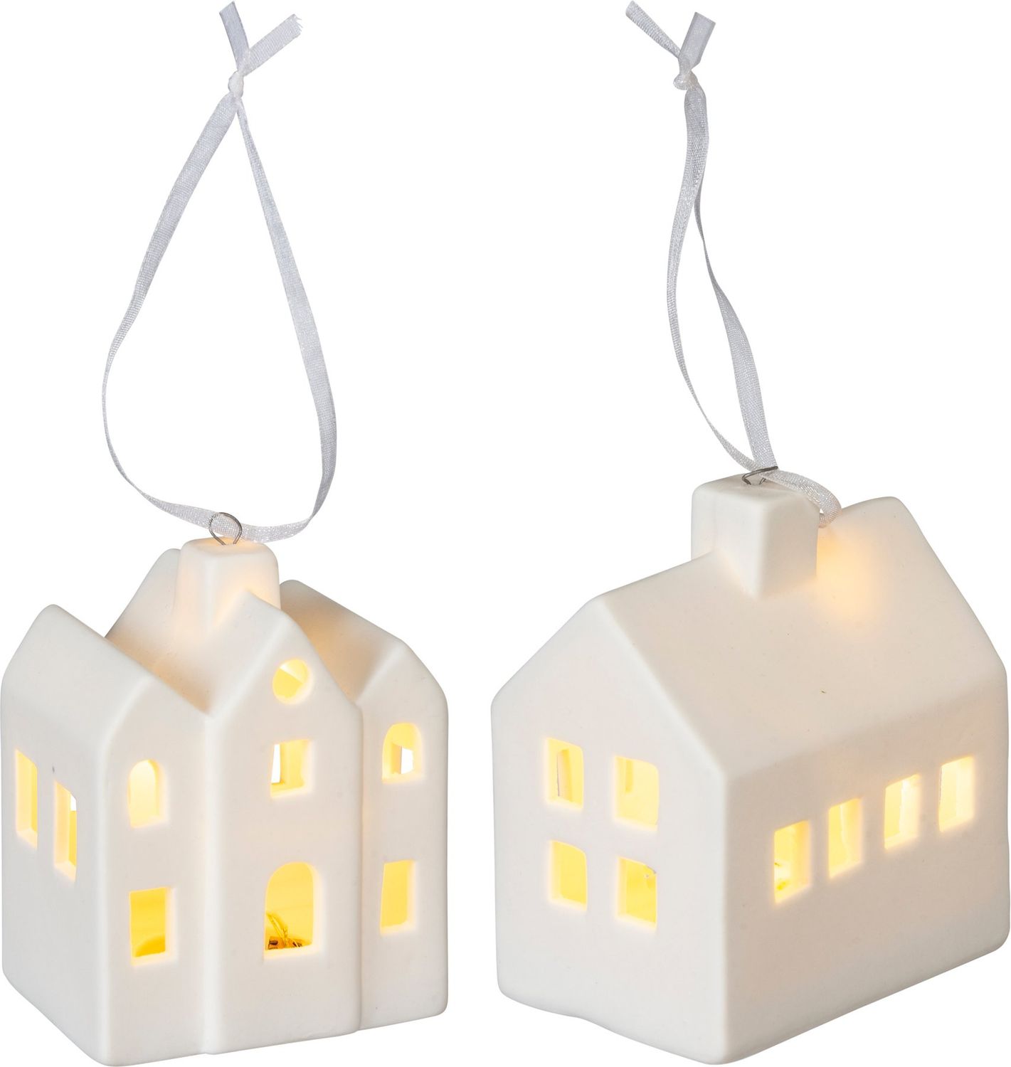 Primitives by Kathy Lighted House Hanging Ornaments, White Stoneware with LED Lights, Batteries Included